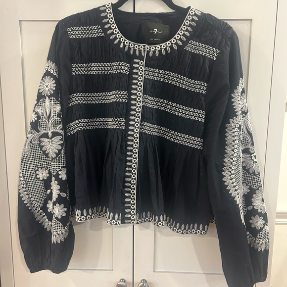 7 For All Mankind Embroidered Puff Sleeve snap button jacket - Picture 1 of 7